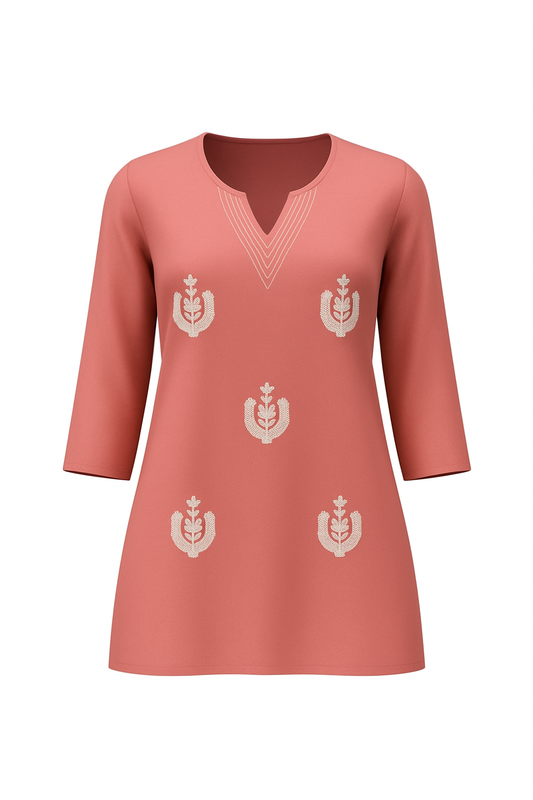 Women's Embroidered Rayor
Short Kurti - Coral Pink