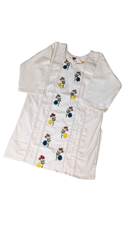 Elegant Floral Embroidered Khadi Cotton Short Kurti.