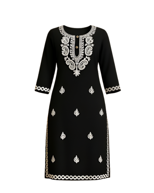 Women's Black Premium Rayon Embroidered Kurti
