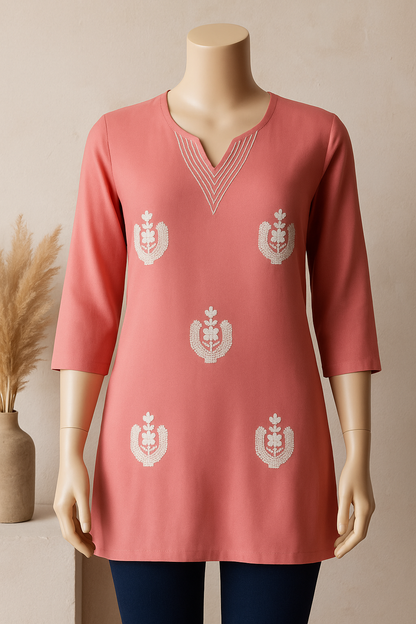 Women's Embroidered Rayor
Short Kurti - Coral Pink