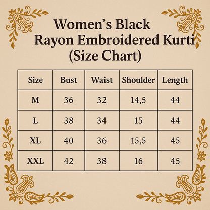 Women's Black Premium Rayon Embroidered Kurti