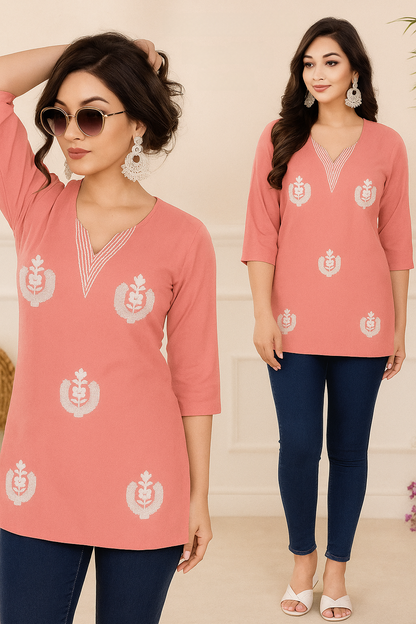 Women's Embroidered Rayor
Short Kurti - Coral Pink