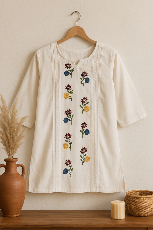 Elegant Floral Embroidered Khadi Cotton Short Kurti.