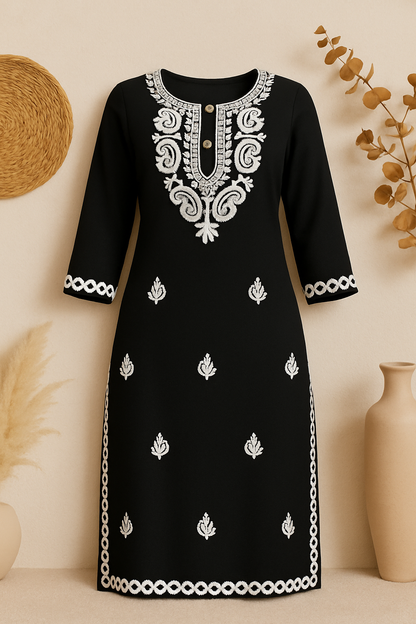 Women's Black Premium Rayon Embroidered Kurti