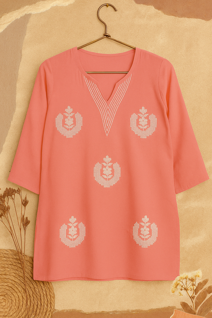 Women's Embroidered Rayor
Short Kurti - Coral Pink