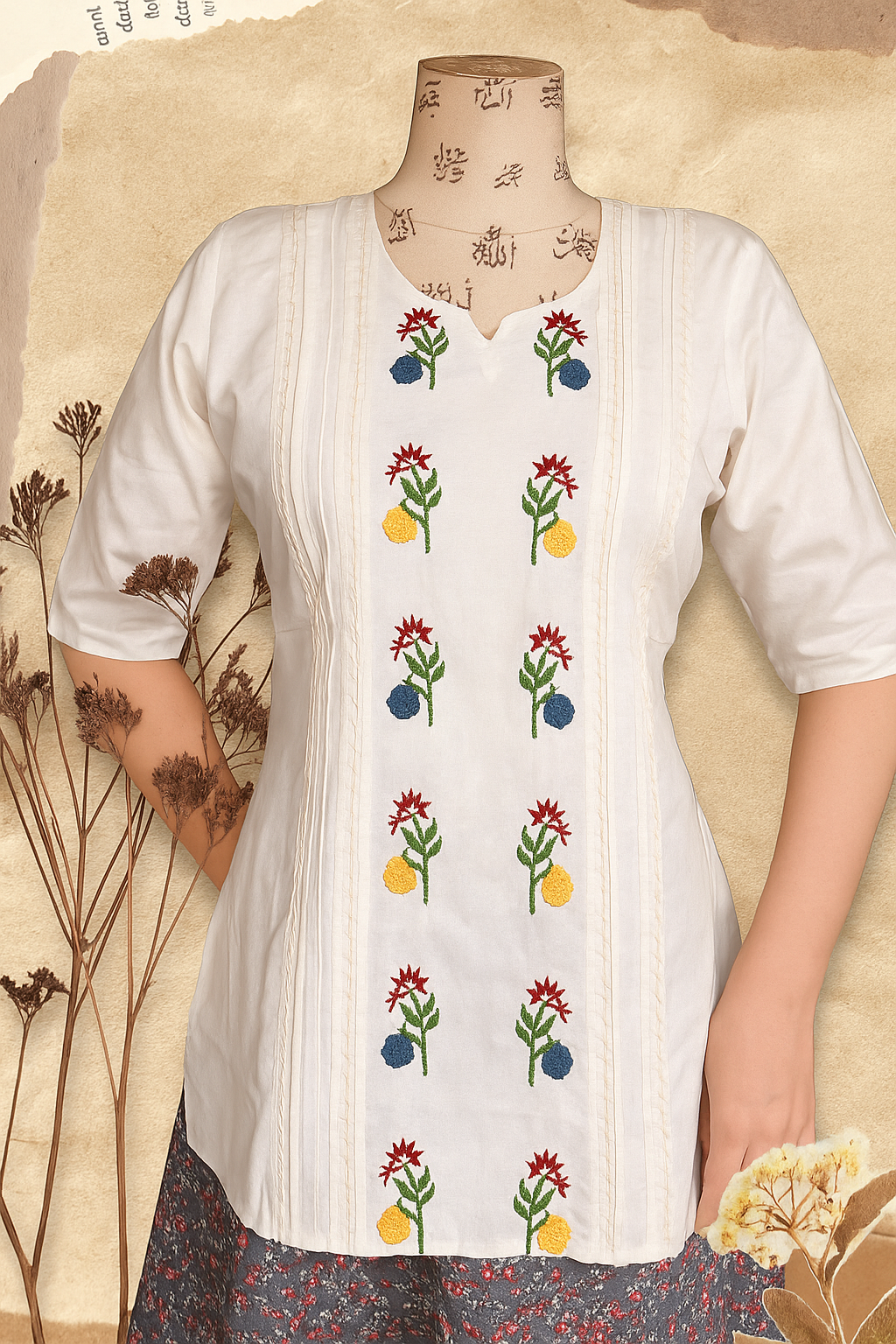 Elegant Floral Embroidered Khadi Cotton Short Kurti.
