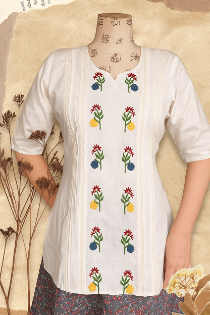 Elegant Floral Embroidered Khadi Cotton Short Kurti.