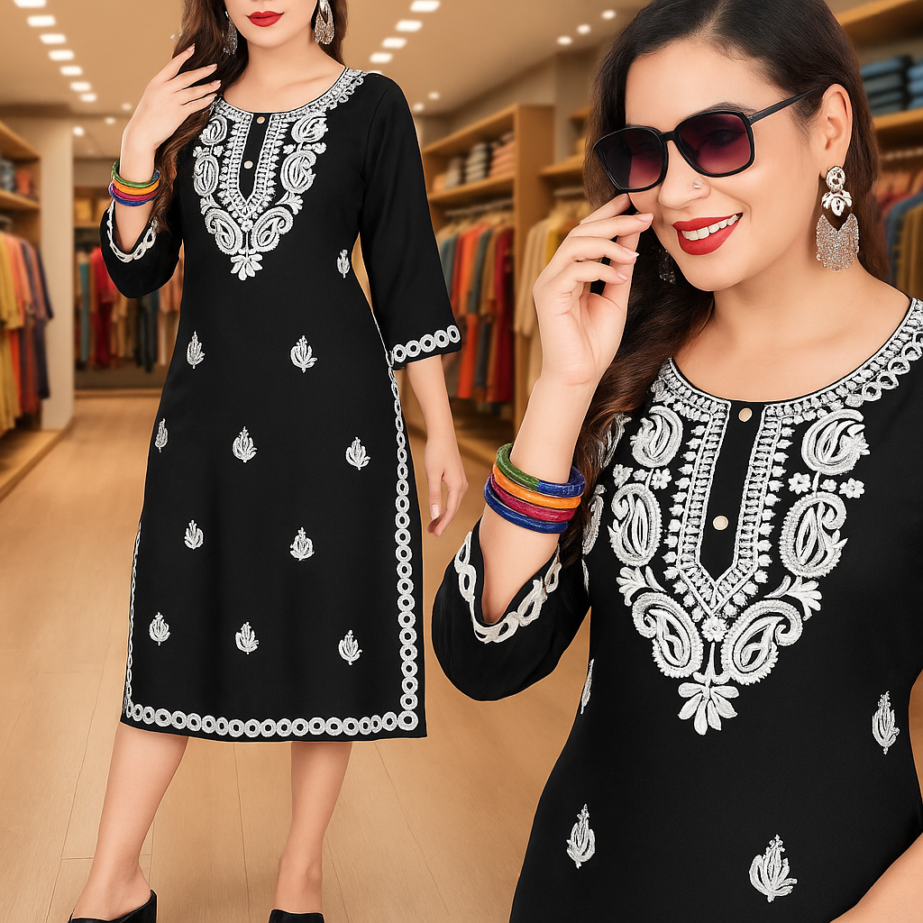 Women's Black Premium Rayon Embroidered Kurti