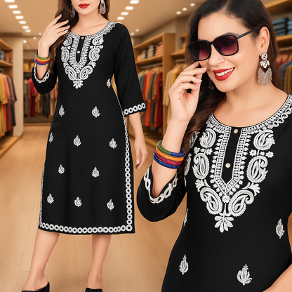 Women's Black Premium Rayon Embroidered Kurti